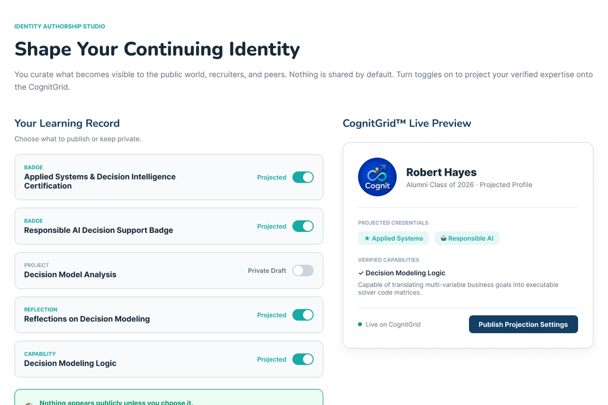 Robert Hayes shaping a continuing professional identity by selecting verified credentials and evidence to make visible.