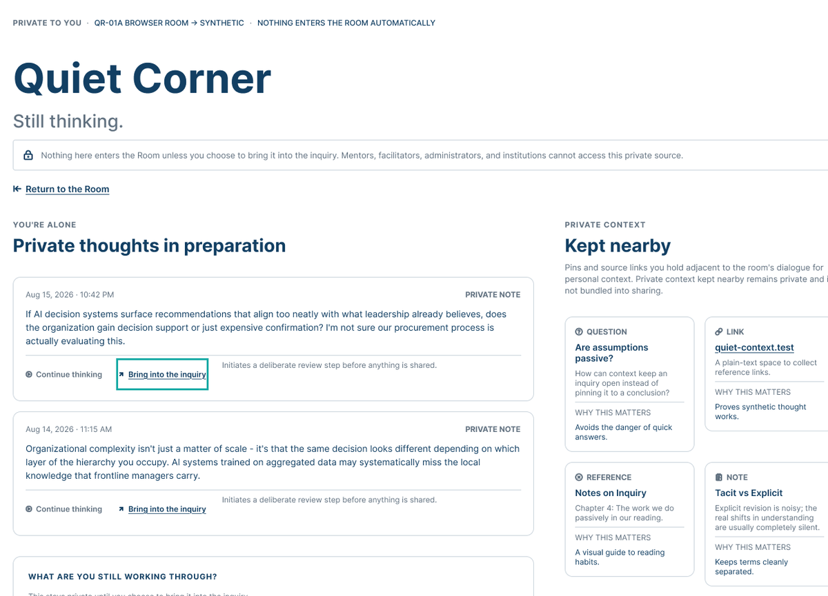 Quiet Corner interface showing private notes, a protected workspace, and deliberate sharing controls.