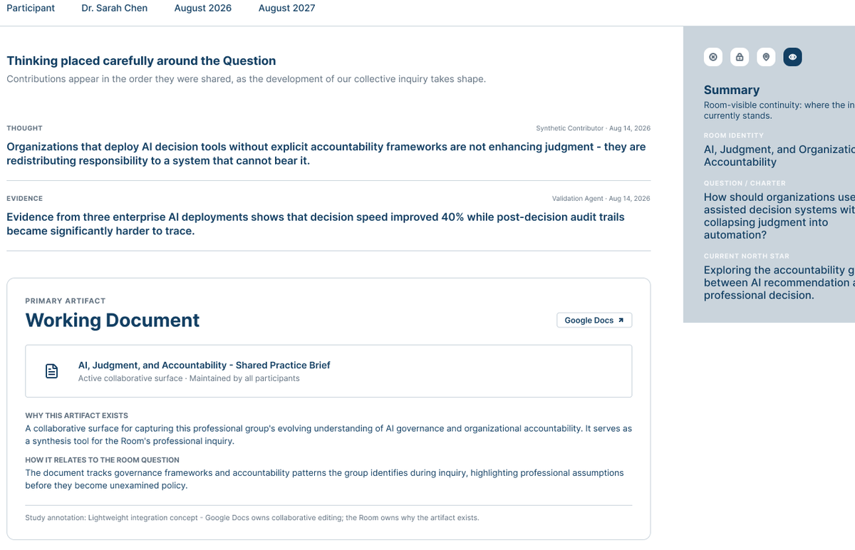 Working-document interface for the AI, Judgment, and Accountability shared practice brief.