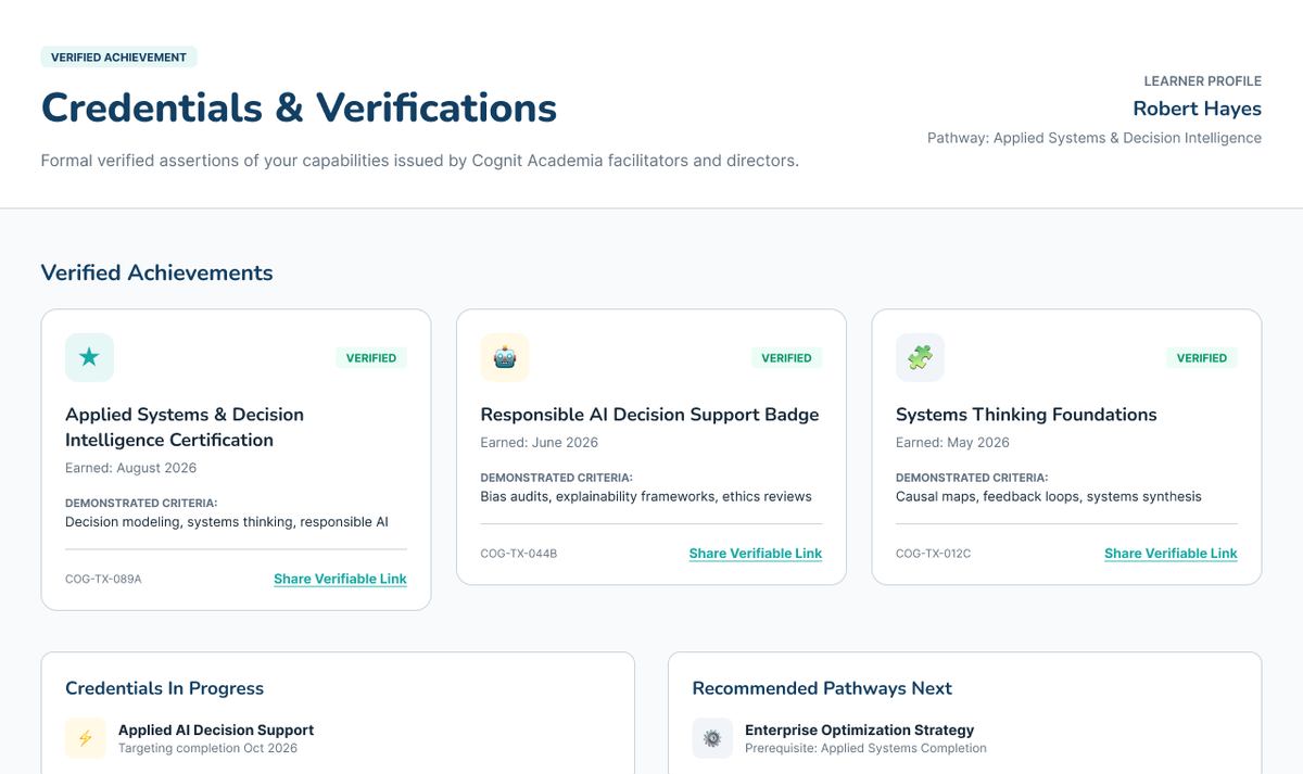 Robert Hayes’s credentials interface showing earned and verified learning evidence for Applied Systems and Decision Intelligence.