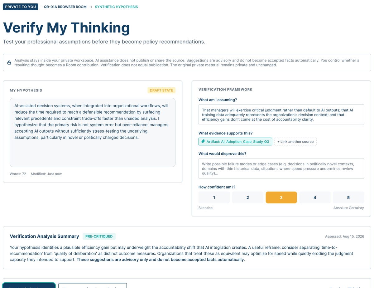 Verify My Thinking interface prompting a learner to examine assumptions, evidence, uncertainty, and confidence before making a claim.
